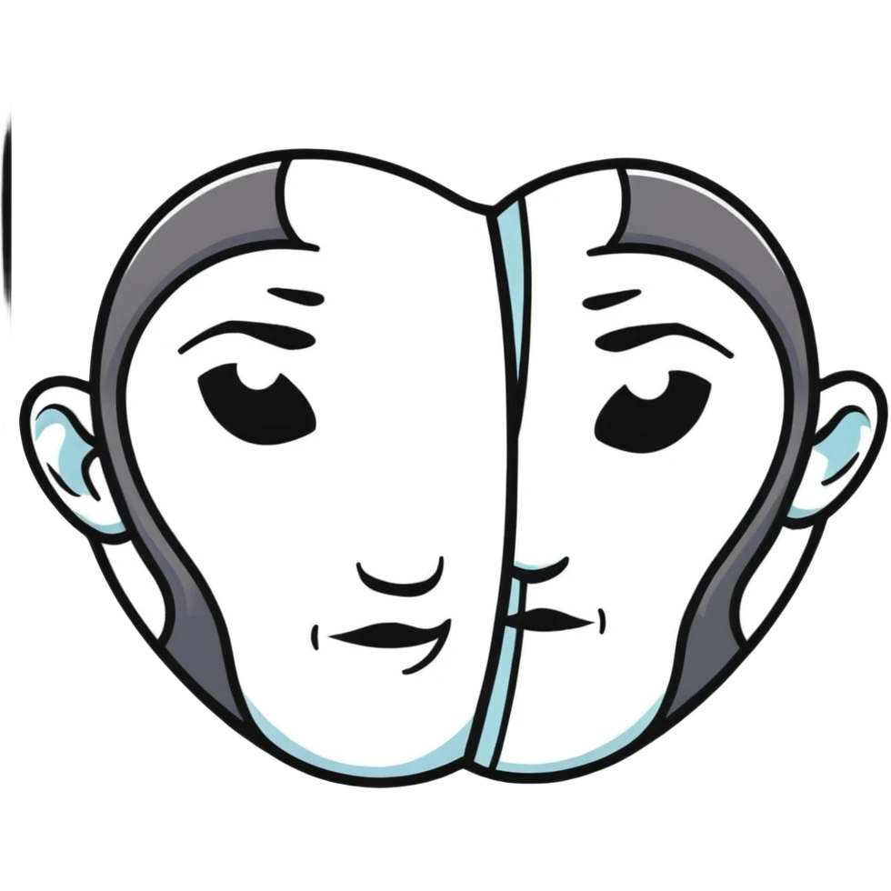 face split into two halves, one half realistic, other half art style emoji