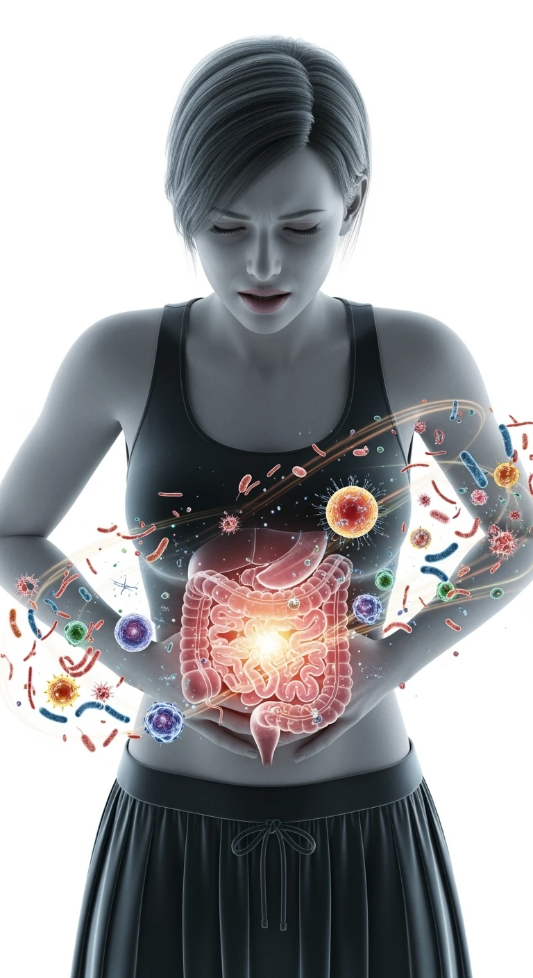DONNA CON MAL DI PANCIA E INTESTINO UMANO ANATOMICO VISIBILE, BATTERI INTESTINALI FLUTTUANO INTORNO, IPERREALISTICO 4K, SFONDO BIANCO emoji