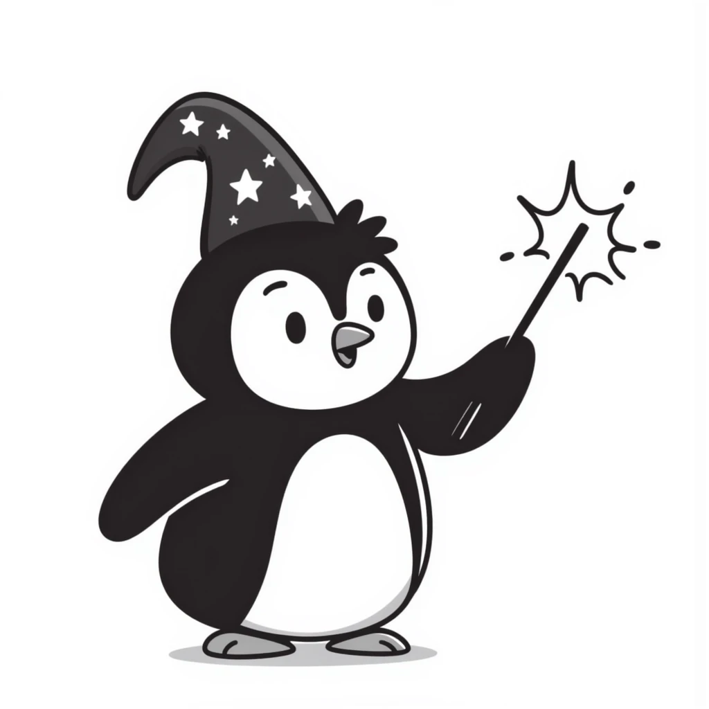 hand-drawn penguin with wizard hat and wand casting magic emoji