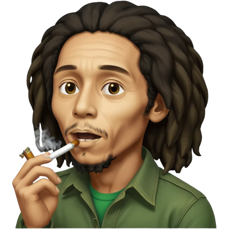 Bob Marley version cartoon fumant un jour de beuh dans la bouche avec beaucoup de fumé et un effet vraiment voyant sur son visage qu’il n’est pas dans son état normal emoji