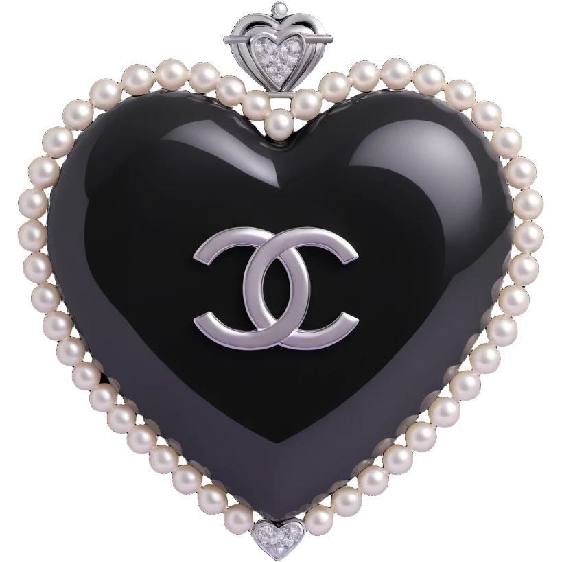Add a diamond accent to the glossy black heart with pearls and silver Chanel logo, keep the background transparent, elegant, black and white color scheme, 3D emoji style. emoji