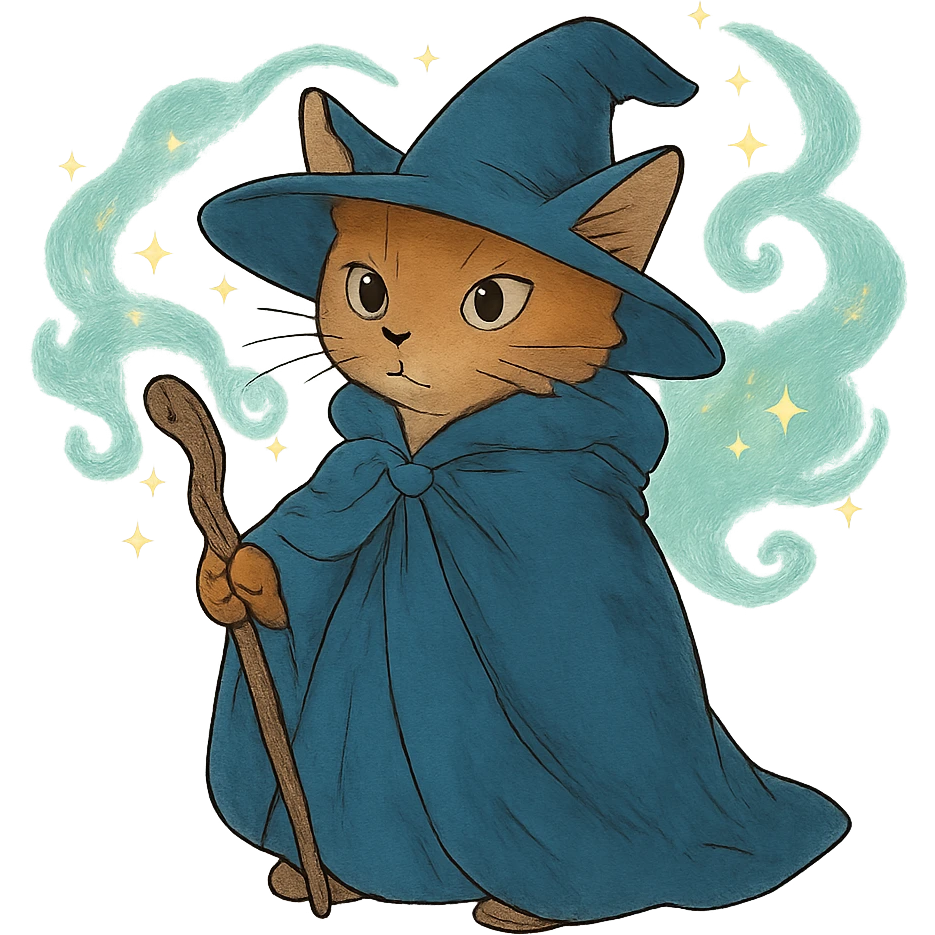 ghibli style wizard cat with a cloak and magical aura emoji