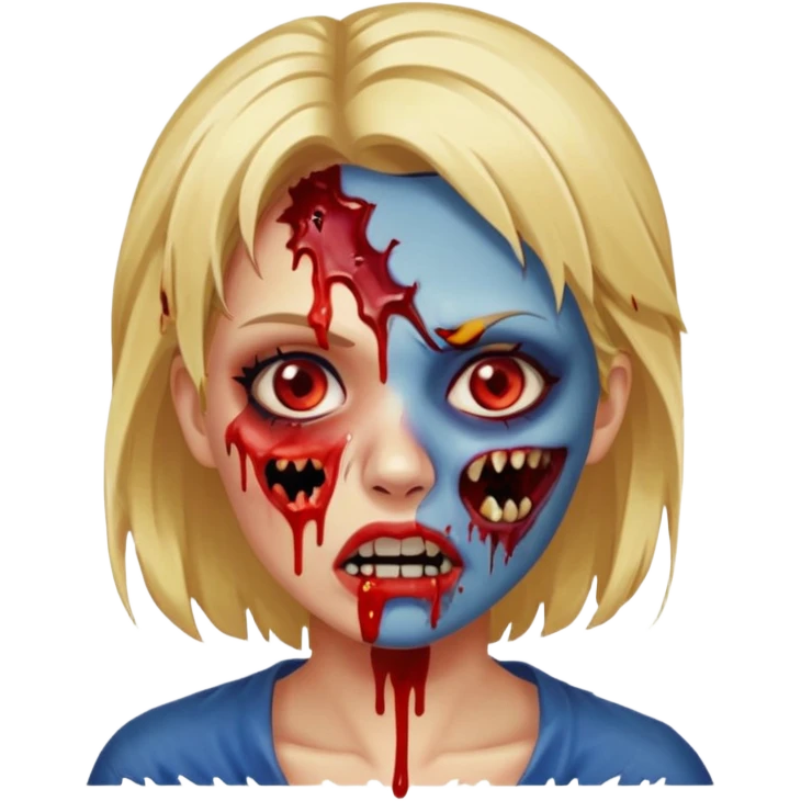 zumbi feminino com cortes no rosto, olhos baixos e vermelhos, cabelo loiro e rosto azul escuro, boca e olhos sangrando cm fundl azul e mais sangues possível emoji