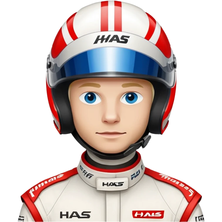Kevin Magnussen, Formula 1 driver for Haas team, with blue eyes, wearing white and red Haas racing suit and helmet emoji