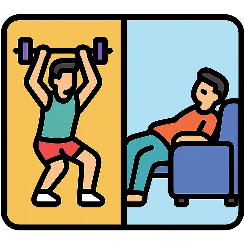 a picture devided into two parts, the first part shows a sportsman doing his workout, the second show a sportsman being lazy emoji
