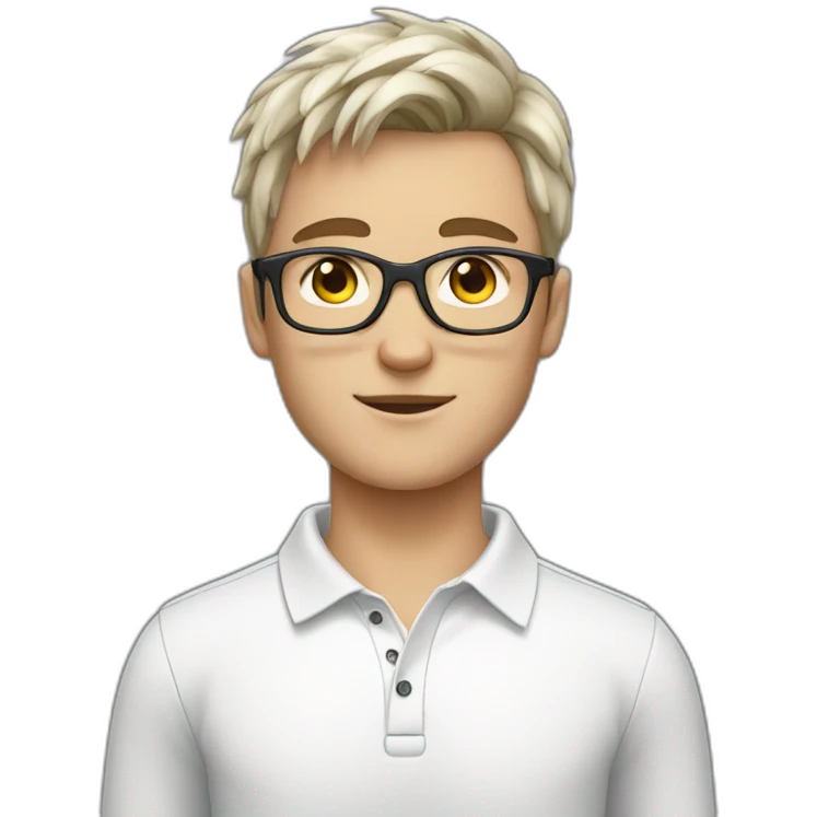 young white European guy with a white polo and black hairs and grey glasses emoji