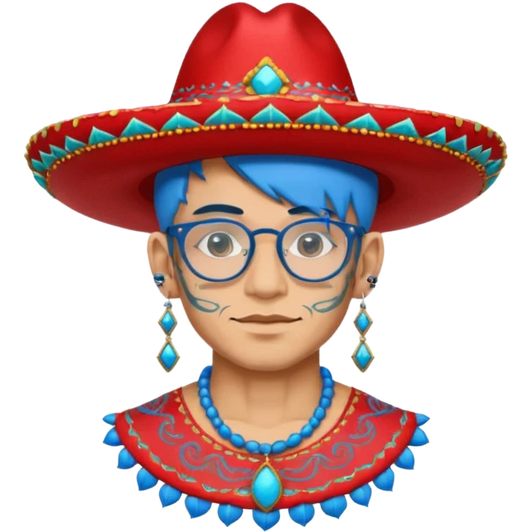 unique looking tourist with big unique red tourist sombrero and earrings, man with lots of tattoes and spectacles, blue hair showing emoji