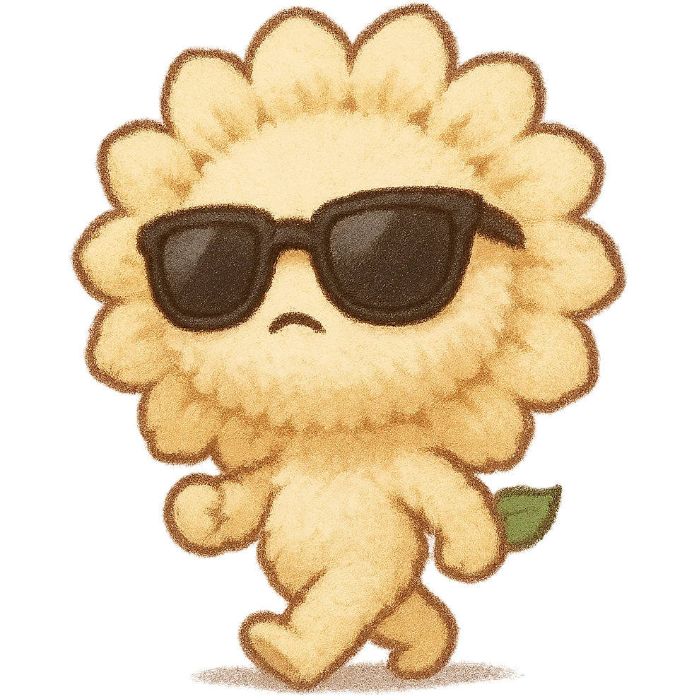 chibi fluffy style sunflower, creamy yellow, sunglasses, walking out with a cool attitude, full body emoji