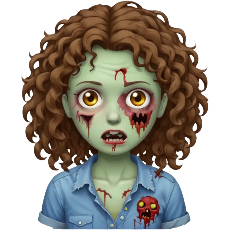 Zombie girl with curly brown hair como emoji de iphone y con la boca un poco lastimada  emoji
