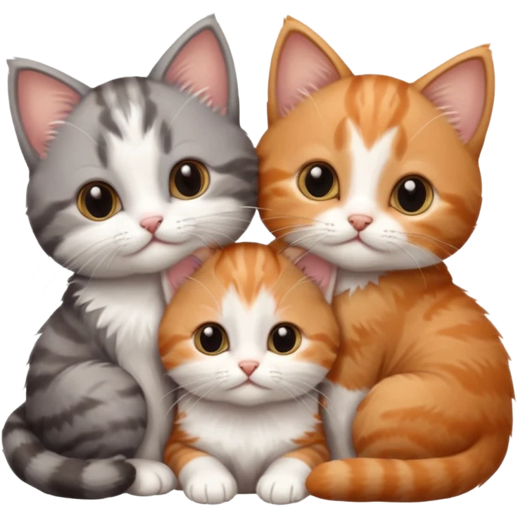 3 very small kittens cuddling together all different colours, the first one is grey and white, the second is ginger and white and the third is brown tabby and white emoji