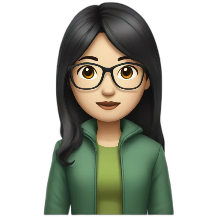 Asian girl with long black hair and glasses wearing green jacket emoji