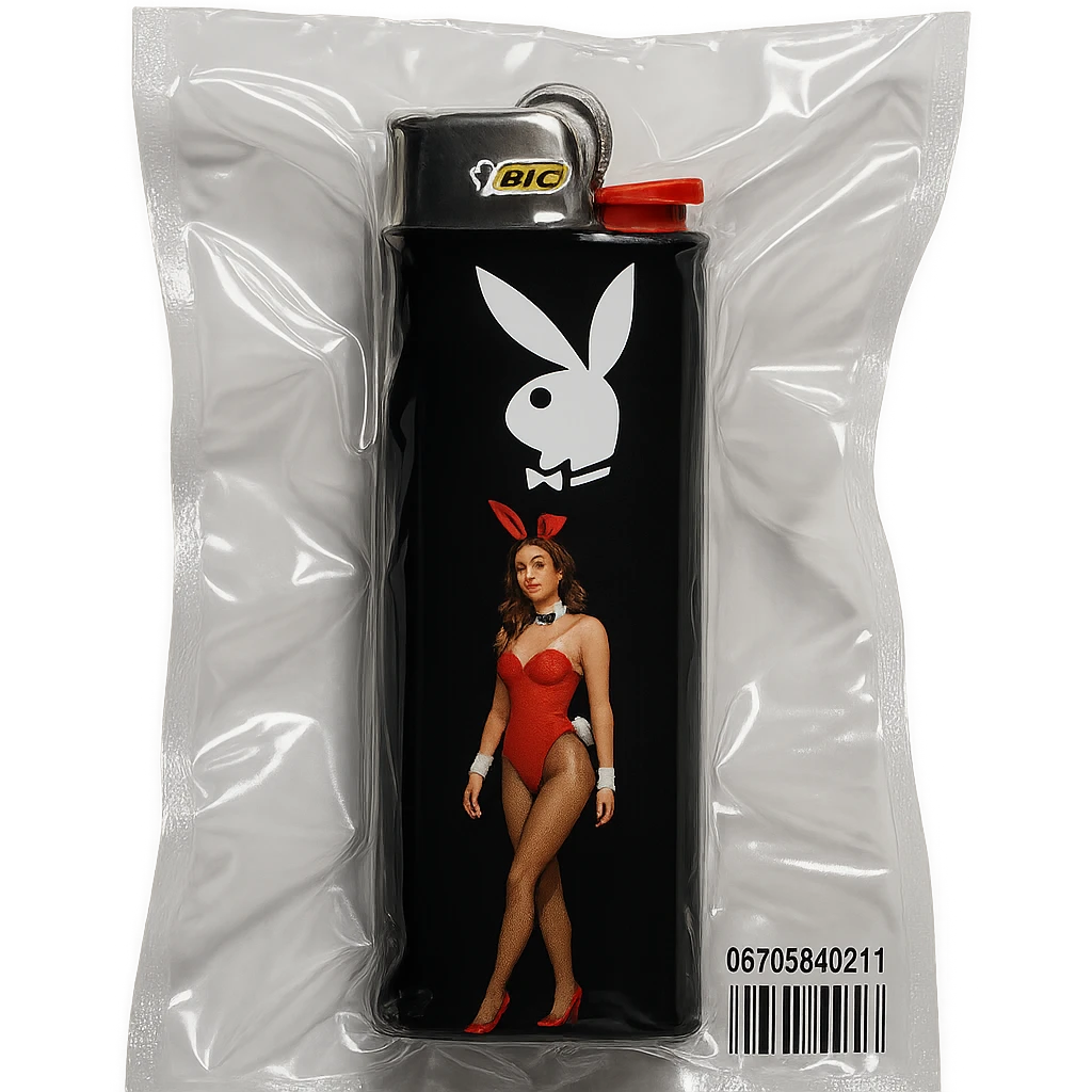 BIC lighter, glossy and puffy, with a white Playboy Bunny logo and a model in a red bunny suit emoji