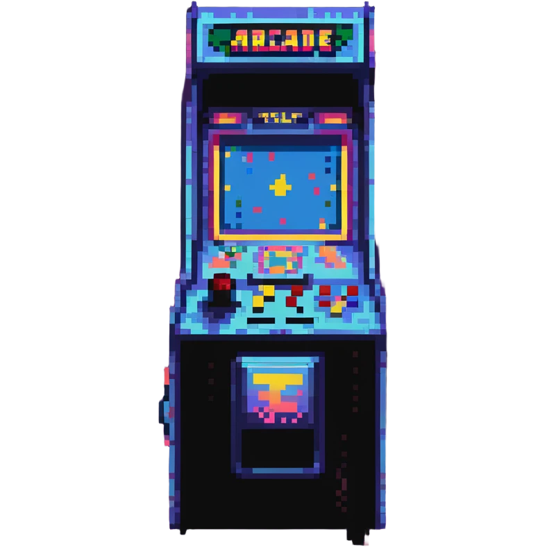 colorful 80s arcade machine with neon lights, pixelated fighting game on screen, red, blue, yellow details, joystick and buttons, reflective floor, dust in air, nostalgic cyberpunk vibe, cinematic lighting emoji
