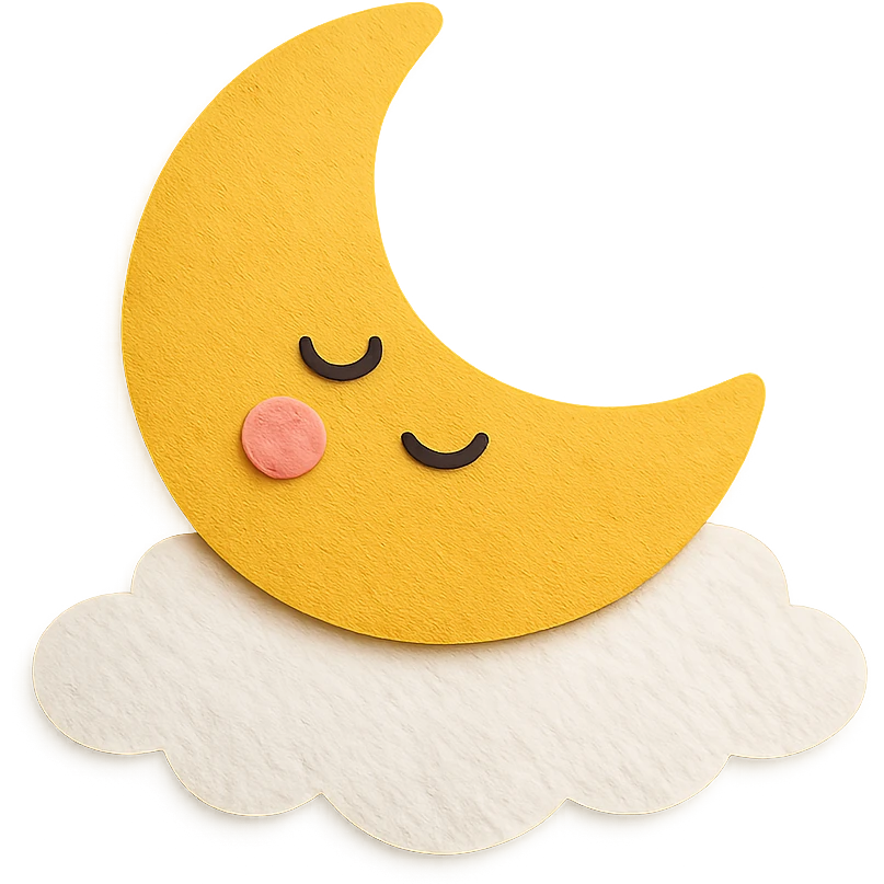 kawaii yellow moon, sleepy, resting on a white cloud pillow, no arms or legs, full body, soft pastel palette, paper craft style emoji
