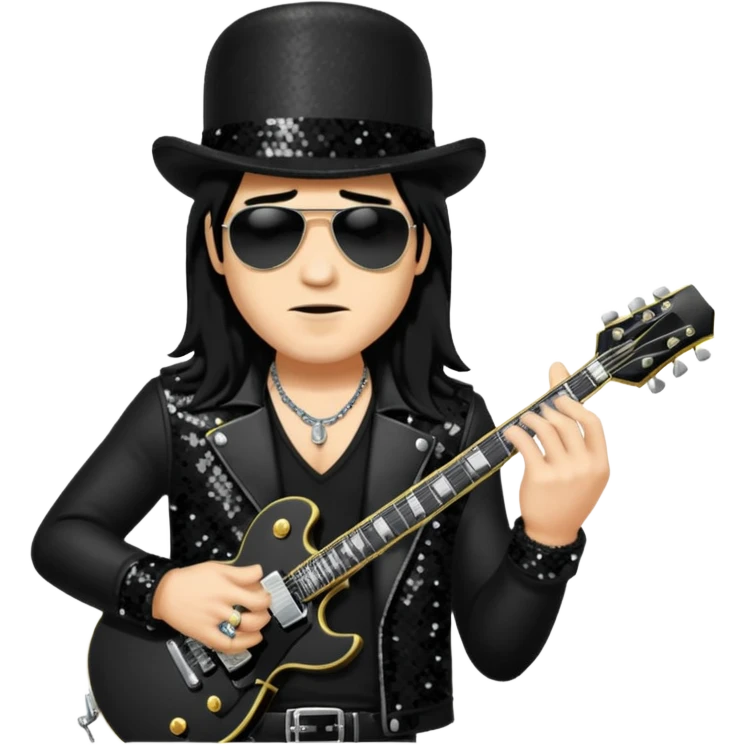 Slash from Gun n Roses with long jet black hair, black sequin outfit emoji