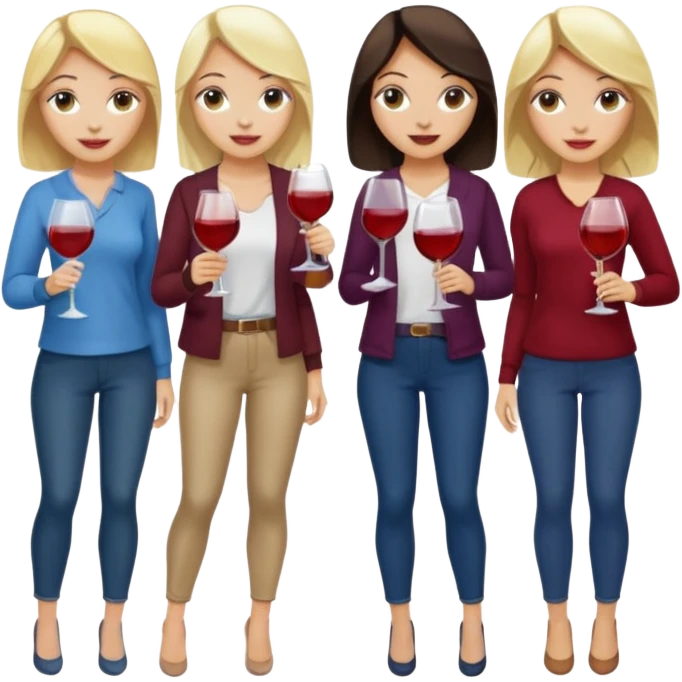 Book club girls. 2 blondes, 2 brunettes. Casual clothing. Include glasses of wine too emoji