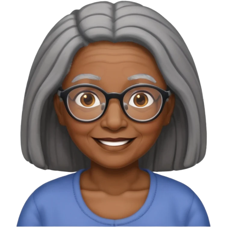 emoji of a black grandma with long hair that reaches past shoulder black and gray hair with glasses and brown eyebrows emoji