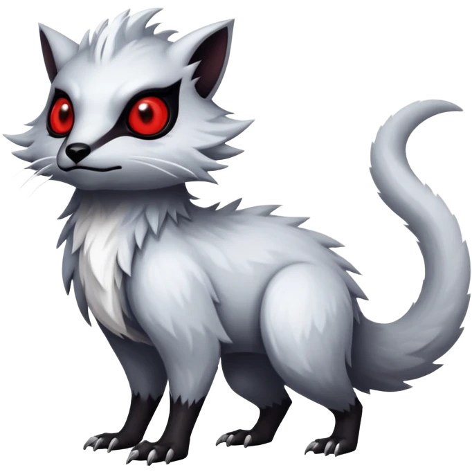 a white and silvery exotic edgy vernid-fionbr-Fakémon-creature, with black belly and red eyes, full body emoji
