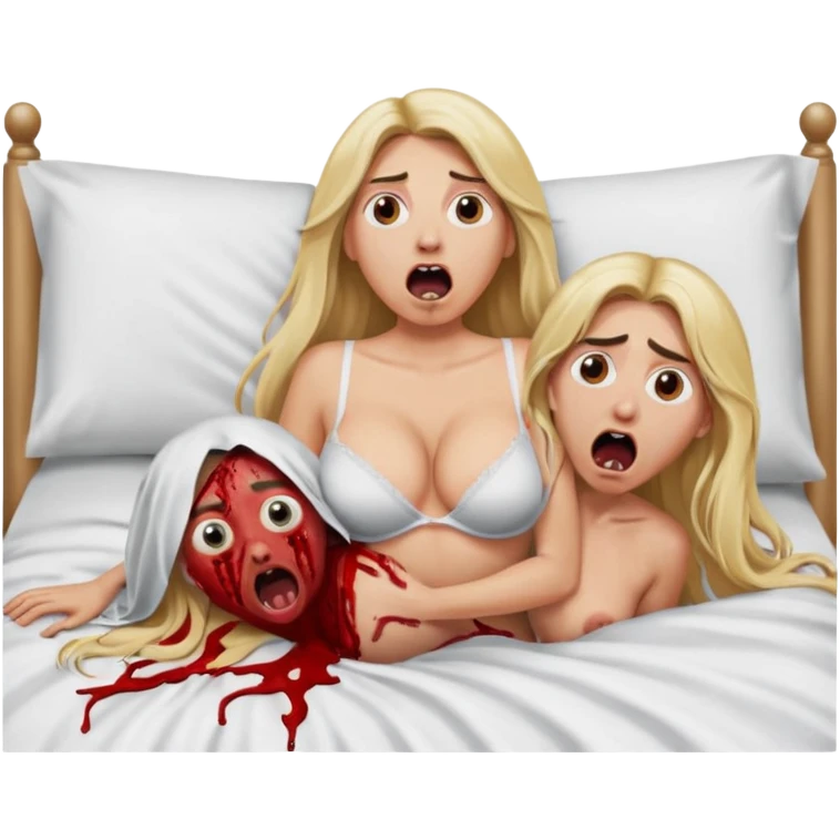 Blonde baddie with very longhair lay in a bed in underwear sie hat angst und guckt erschrocken mit verdrehten Augen offenen Mund Zunge raus und Bettlacken blutig ihre Brüste unnatürlich riesengroß.ein großer Mann war das, der sie festhält und bauch aufpumpt orgasmus  emoji