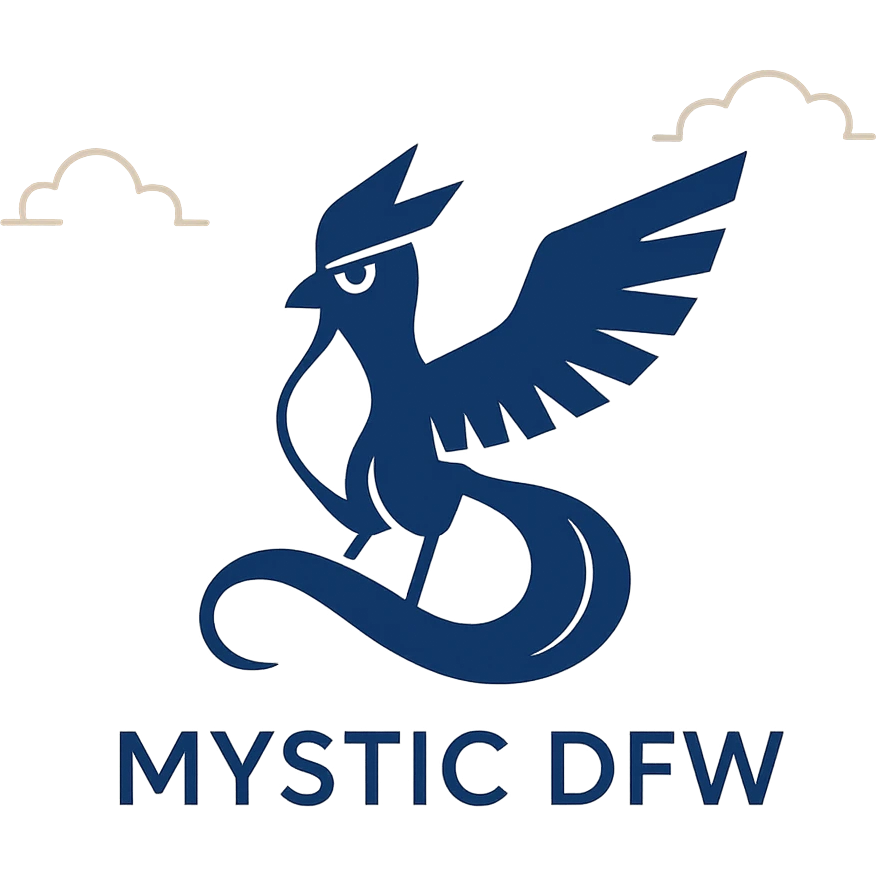 minimalist logo for Pokémon Go Team Mystic DFW with stylized Articuno silhouette, blue and white palette, words 'Mystic DFW' in sleek font emoji