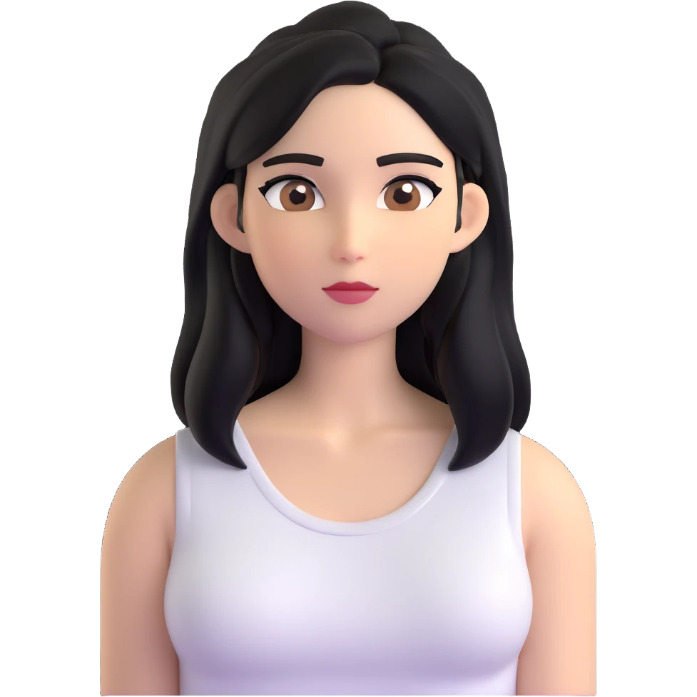 Female with straight long black hair parted in middle, beige skin, big brown eyes, natural makeup, white sleeveless top emoji