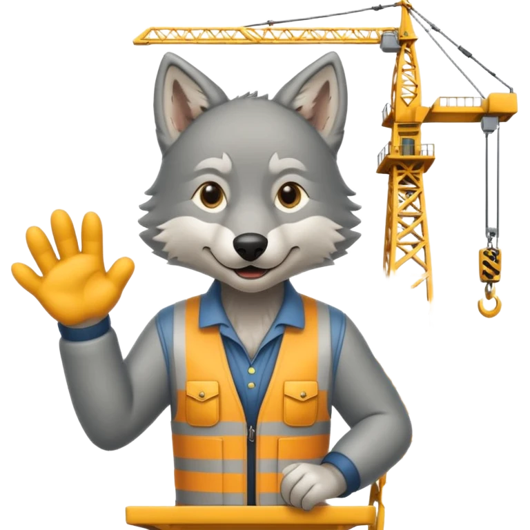  a joyful gray wolf sits on a tower crane and controls it with his paws emoji