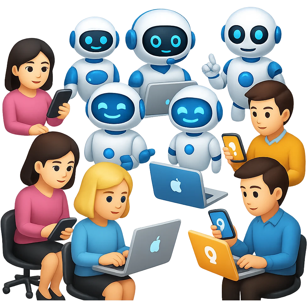 Add more robots and AI assistants in the open office, with people using smart devices. The style is emoji style, so keep the look consistent with emoji aesthetics and no background. emoji