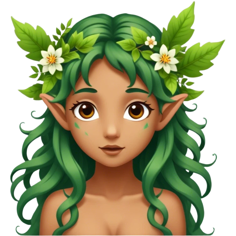 Cinematic Realistic Forest Nymph Fairy Portrait, head tilted playfully and inquisitively, showcasing a nature-inspired form with intricately detailed, sunlit tanned skin and cascading hair interlaced with leaves and blossoms. Her bright, curious eyes sparkle with forest mischief, rendered with lifelike clarity and warm, dappled lighting that captures the spirit of an enchanting woodland fairy ready to dance among the trees. emoji