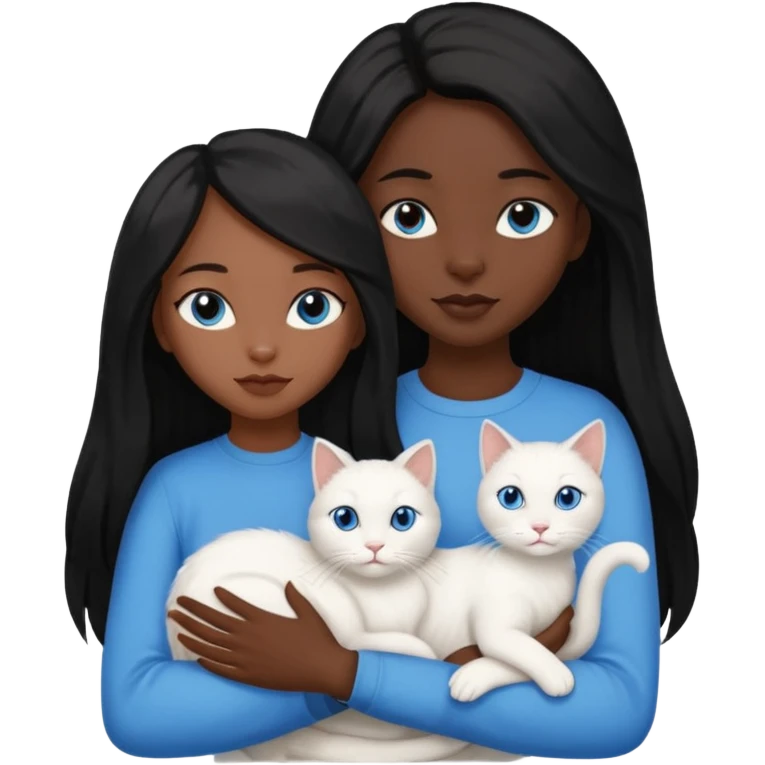 black girl with straight long black hair with a side part.  holding a female white cat emoji