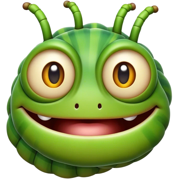 Cinematic Realistic Comical Caterpillar Portrait Emoji, Head tilted dramatically with an exaggeratedly amused expression, featuring a strikingly detailed segmented body in vibrant green with bold natural banding and wide, expressive eyes full of playful disbelief, rendered with lifelike texture and vivid natural colors, high shine, dramatic yet playful, styled with an air of cheeky garden mischief, soft glowing outline, capturing the essence of a spirited and over‐the‐top caterpillar that looks ready to wiggle its way into viral fame! emoji