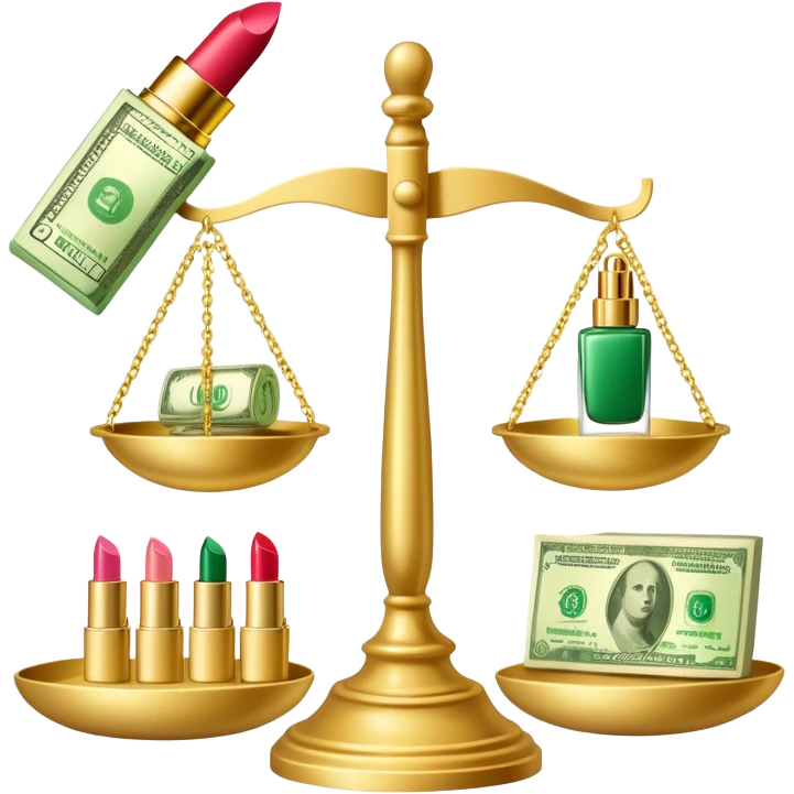 gold scale with left side green dollar bills and right side beauty products lipstick and nail polish, no lips, no extra elements emoji