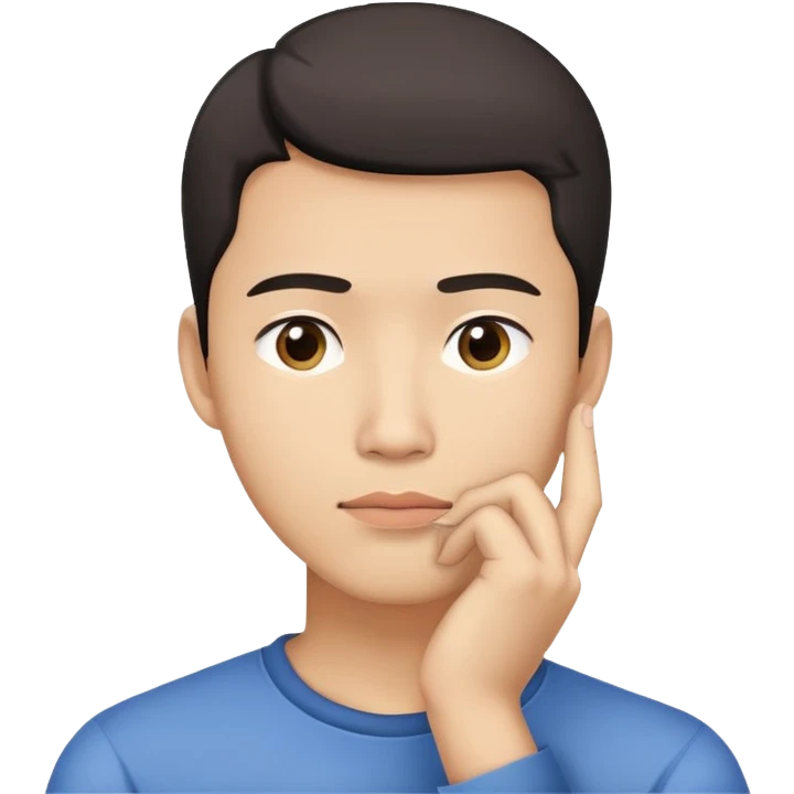 Asian man thinking with his hand on his chin emoji