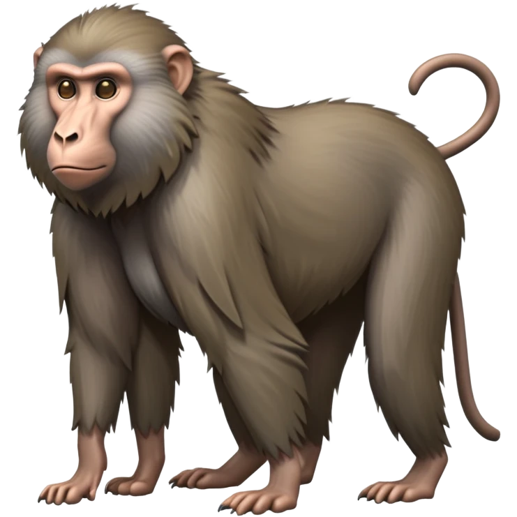 cinematic-hairy baboon-full-body-standing on all fours-emoji,-head-tilted-dramatically,-thick-grey-and-brown-fur,-simplified-yet-realistic-focused-features,-highly-detailed,-glowing-with-an-almost-sarcastic-glow emoji