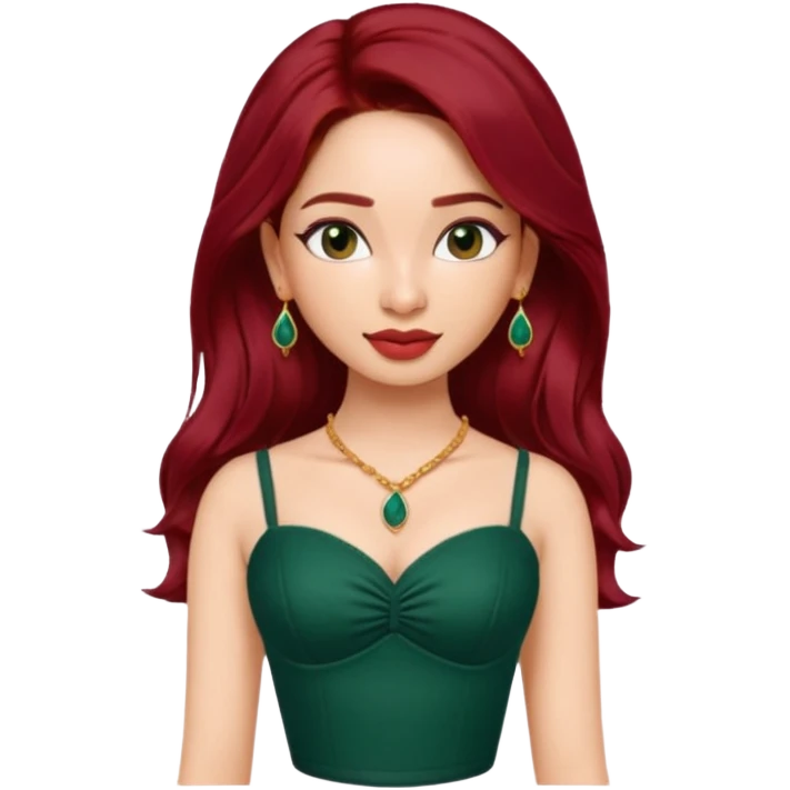 pretty bratz genmoji that looks like tamannah bhatia (bollywood actress), wearing a dark green sweetheart neckline top, dark red hair, light makeup, no necklace, dangly earrings, side hair part emoji