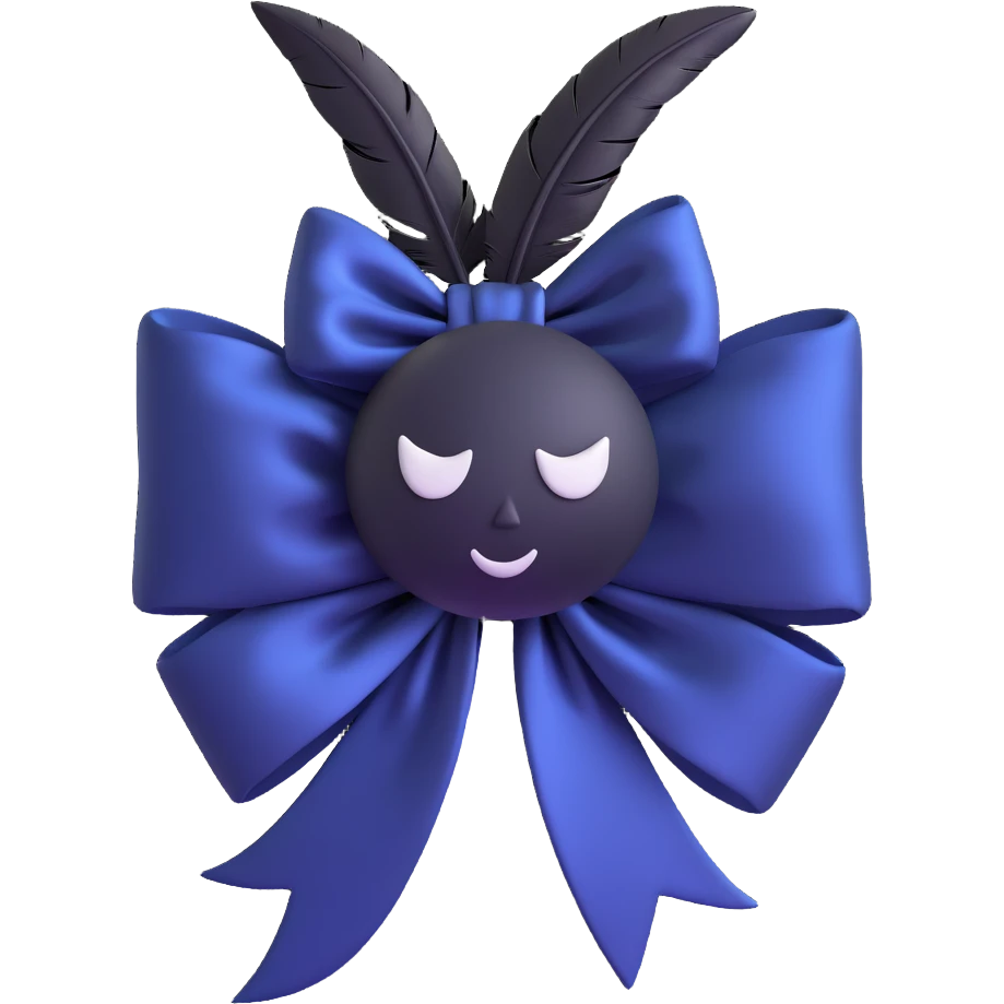 3D emoji gothic bow, midnight blue silk, silver crescent moon, black feather accents, mysterious and lush emoji
