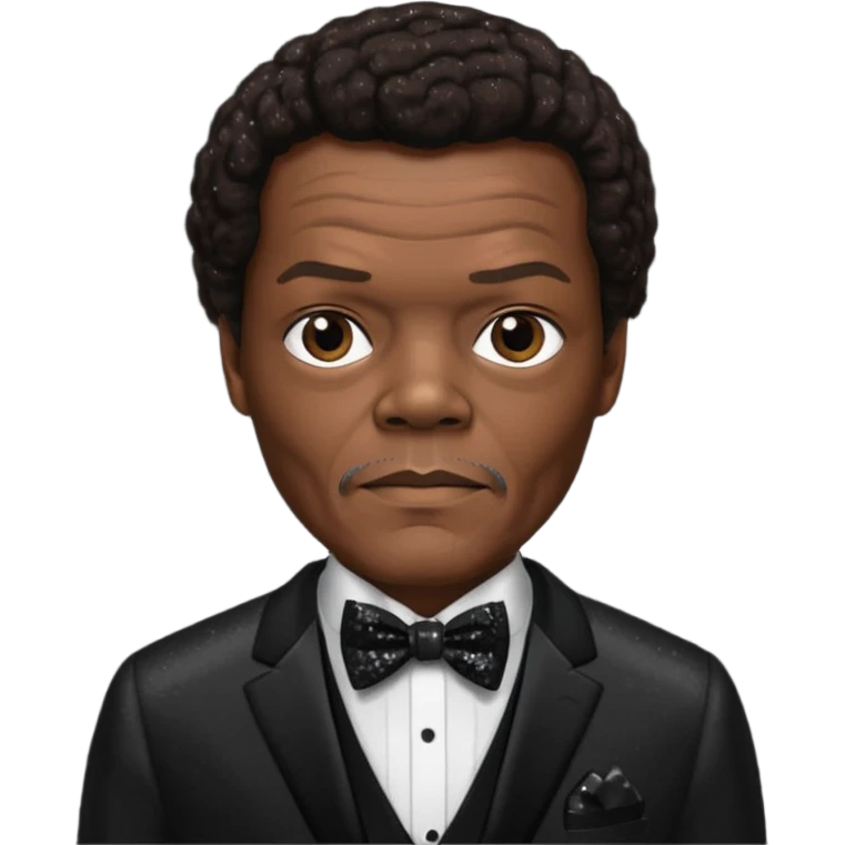  Samuel L Jackson with dark brown hair, black sequin suit with bow tie emoji