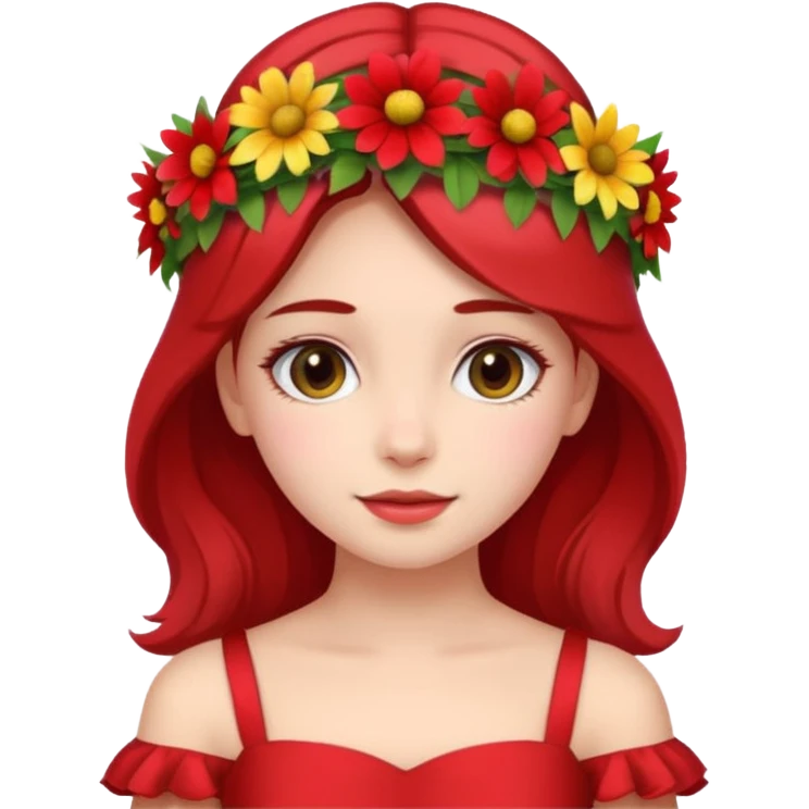 girl with flower crown in red dress and colored flowers emoji