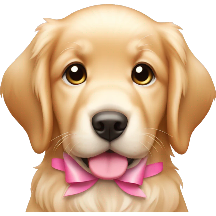 female golden retriever puppy with pink bows on head and ear emoji