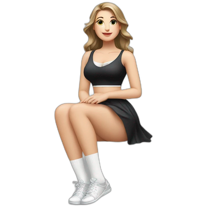 Front view full body curvy caucasian beauty sitting straight hands up black skirt white knickers white socks emoji