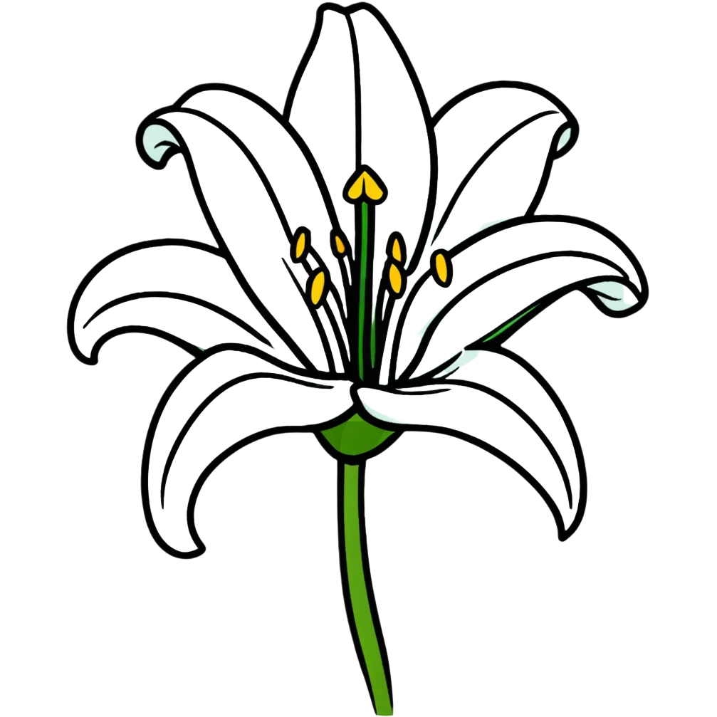 Pure white lily flower with accurate six-petal structure, visible stamens, and green foliage emoji