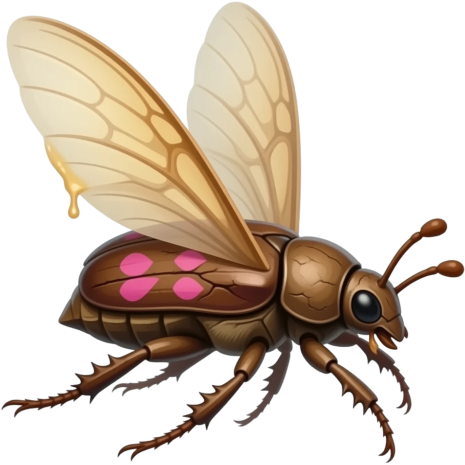 Flying Walkingstick beetle crawler with sticky sap in cracks in its bark-like body. petal wings it's made of bark but has a shell on its back, it has spikes and runs fast with all its limbs. It's full of pink petal markings, and looks like a Walkingstick insect with a petal bark body emoji