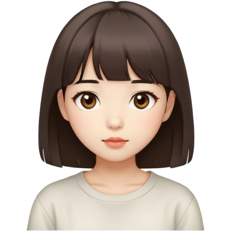 Cute East Asian girl, soft fair skin, big brown eyes, inward brown bob with straight bangs. Wearing loose shirt, blushing hard, lips slightly parted emoji