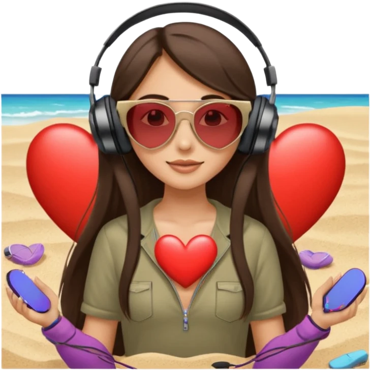 girl with long straight brunette hair heart sunglasses headphones relaxing on sand emoji
