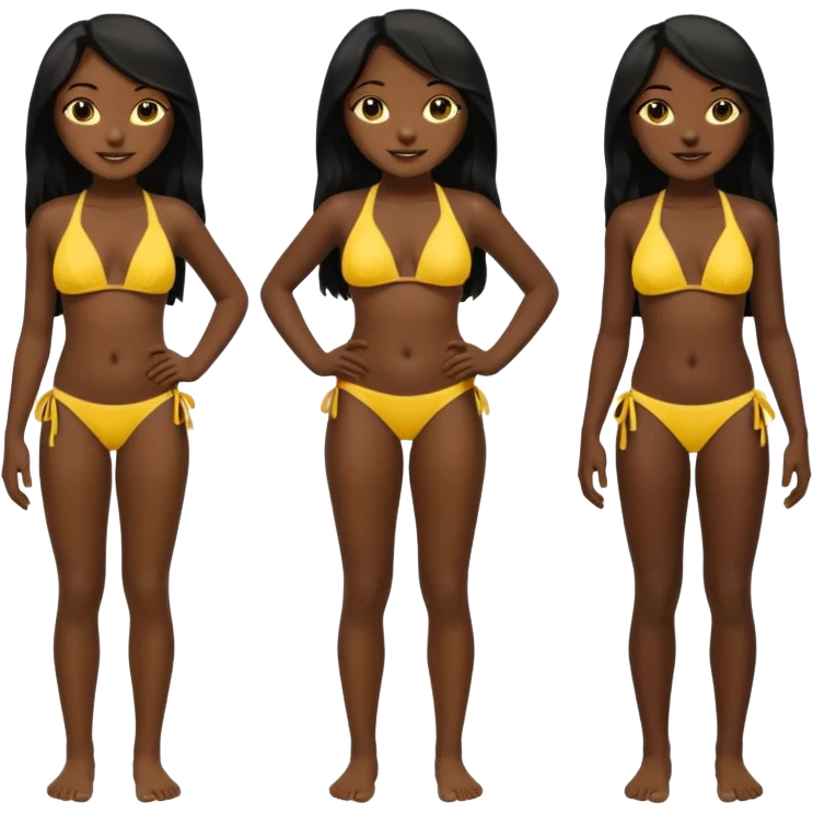 Dark black skin, african girl, long black hair, yellow bikini smiling, full body, big butt, hand on hip. emoji