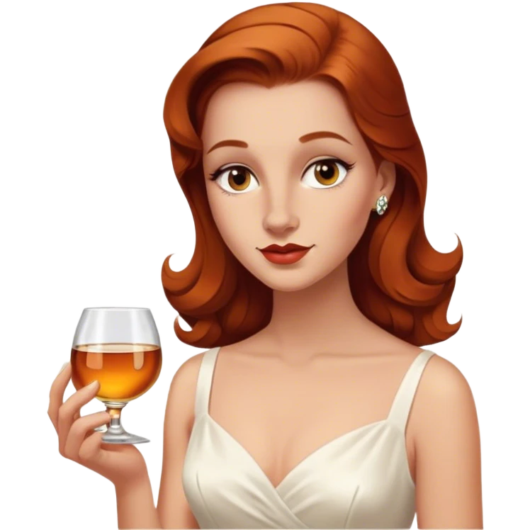 normal nose oval face Beautiful woman in 1950’s woman fashion look, no jewelry, white dress, long auburn hair, whisky emoji
