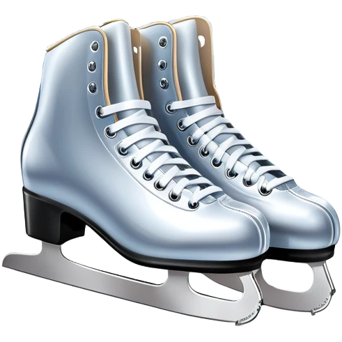 An icon featuring a pair of elegant figure skates standing on the smooth ice of a rink, with sparkling ice beneath them. The background shows a grand ice arena with bright lights and empty stands, highlighting the beauty and grace of figure skating. Transparent background. emoji