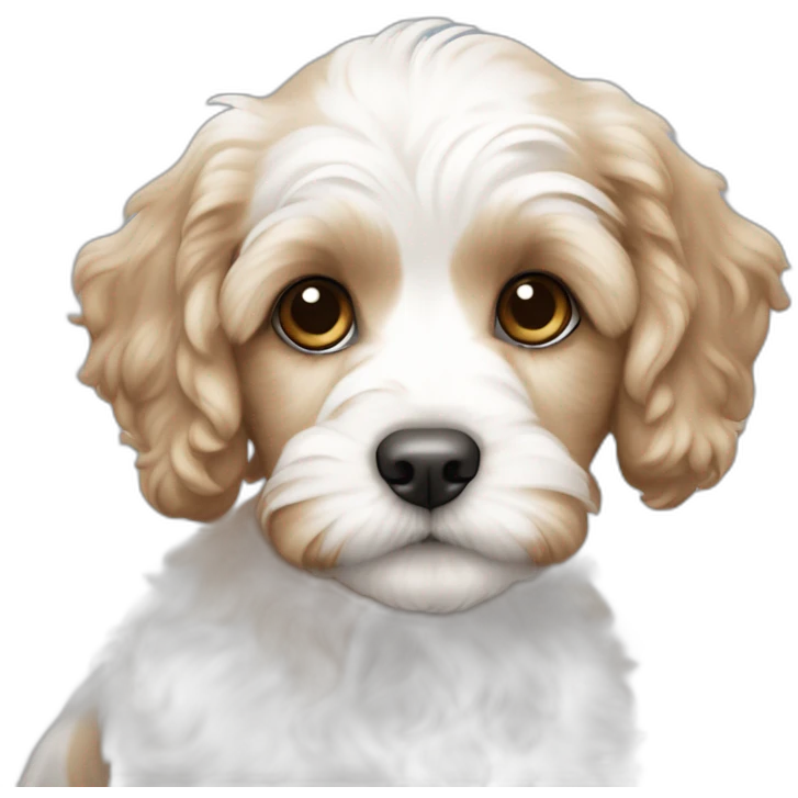 White cavapoo puppy with medium sized very light brown spot on right ear and chest emoji