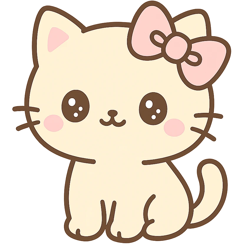 cute beige cat with a pink bow, coquette style, kawaii emoji