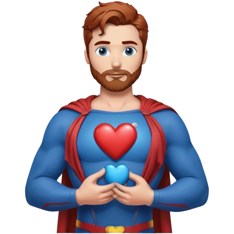 Adult-tall-full body- Superman-with redish brownish messy hair-full neatly trimmed beard-blue eyes-holding a blue heart with both hands on chest emoji