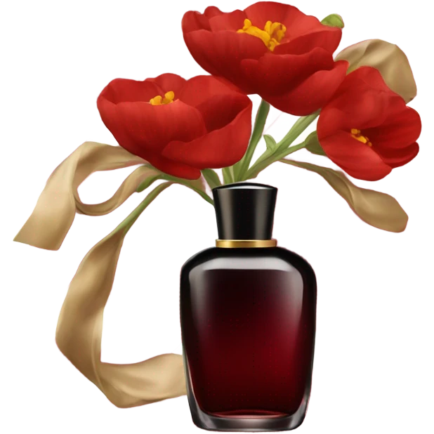 Dark red sophisticated perfume bottle with red buttercups and a silk scarf emoji